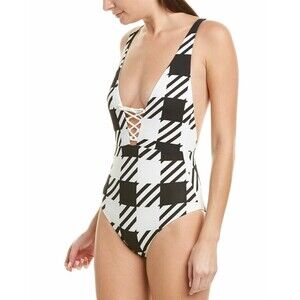 ONIA Iona Plunge Lace Up Textured One Piece Swimsuit sz M Black White Plaid